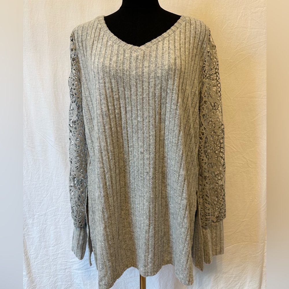 ShallWe Ribbed Knit‎ Top w/ Lace Sleeves Gray 2XL NWT